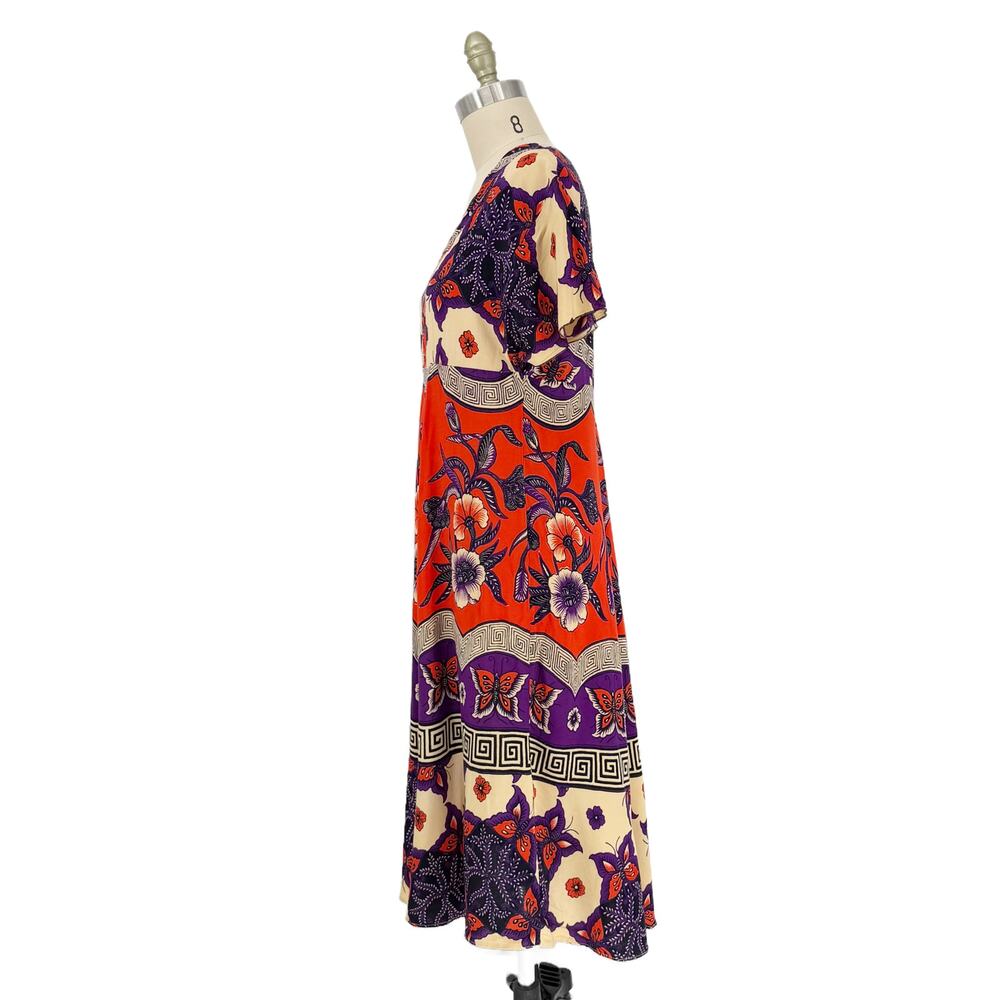 Vtg Jaya Baya Batik Floral Midi Dress size M/L Indonesia Wax Block Print - Picture 3 of 11